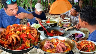 Yummy! Catch n Cooking octopus eating delicious,  seafood Gurita Pedas campur daun liar Hutan