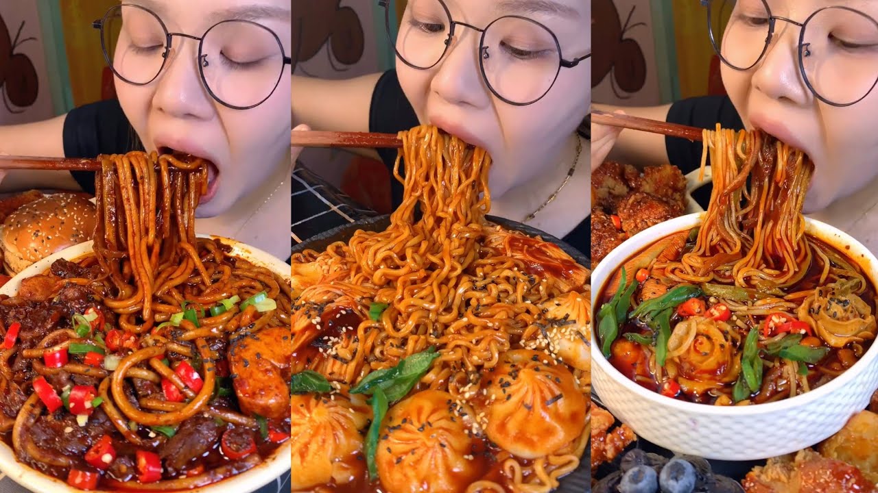 MUKBANG BEEF NOODLES WITH FRIED CHICKEN WITH SPICY ENOKI MUSHROOM NOODLES eating sounds 