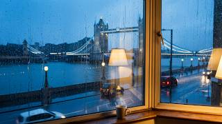 Watching Rain by the Window | London Bridge Night & Cozy Room Ambience