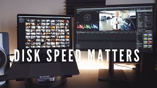 Hard drive speed matters greatly when it comes to video editing. ssd
is the way go. here are some of my favorites: samsung t5 (usb - c):
https://amzn.to/2...