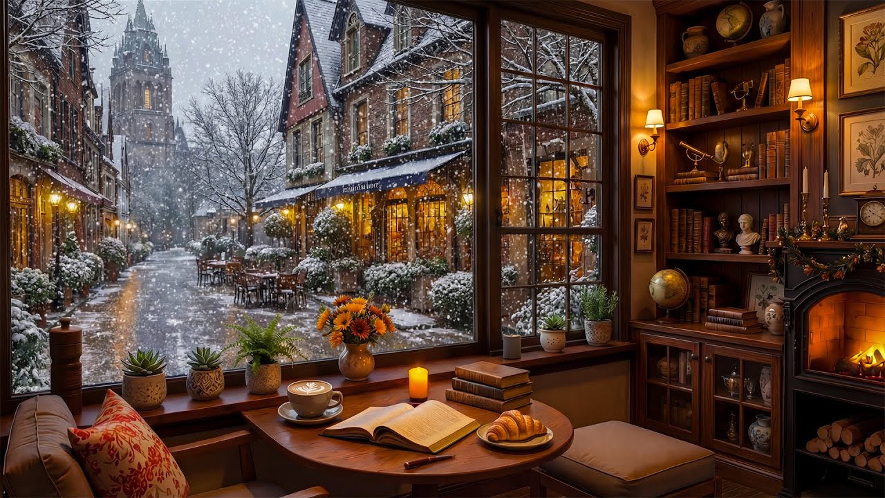 Snowy Winter Café Ambience ☕ Gentle Piano Jazz & Warm Fireplace for Work & Relax