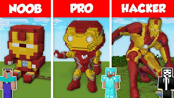 IRON MAN STATUE BASE HOUSE BUILD CHALLENGE - NOOB vs PRO vs HACKER / Minecraft Battle Animation