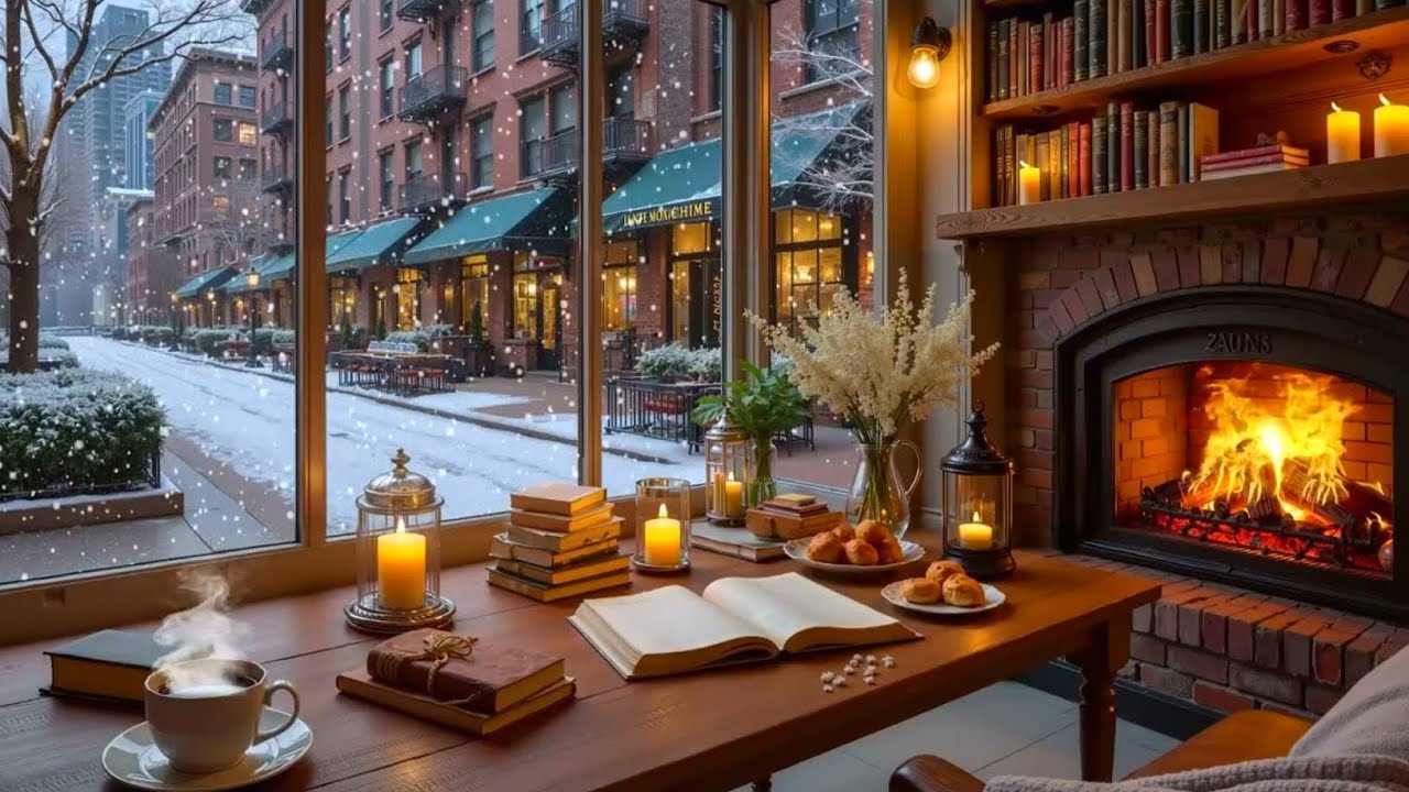 Deep Winter Night Jazz ❄️ Snowy Coffee Atmosphere & Cozy Fireplace Sounds for Studying and Focusing
