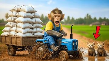 Baby Monkey drives a Tractor - Harvests Rice & Rescues Two Kittens from mud