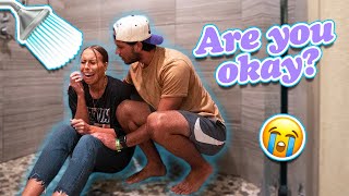 CRYING IN THE SHOWER FULLY CLOTHED PRANK ON MY HUSBAND!! *CUTEST REACTION*