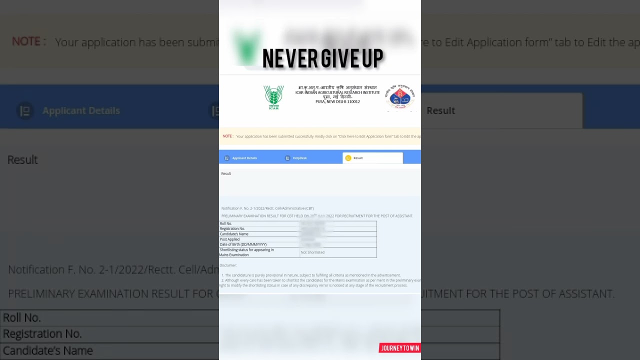 My ICAR IARI assistant result 2022 