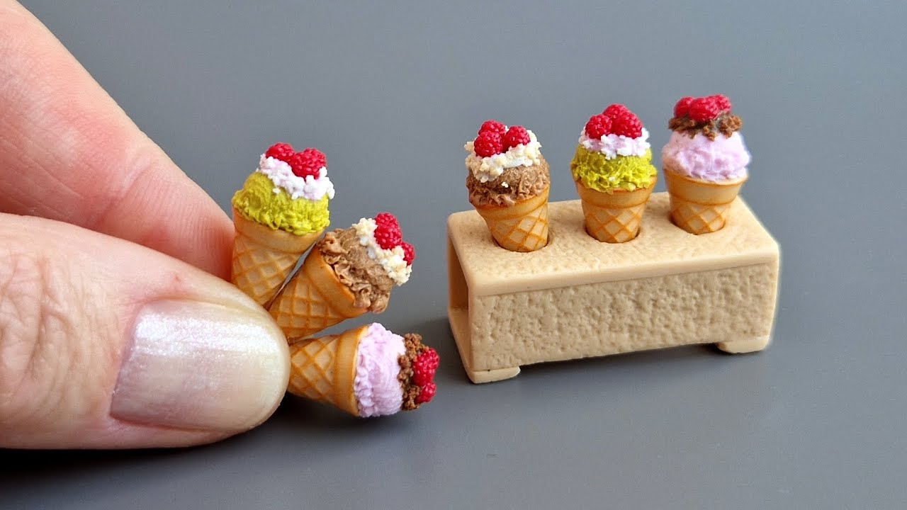 Miniature ice-cream with raspberry ️🍦 ️Polymer clay\DIY\Tutorial\Fimo ...