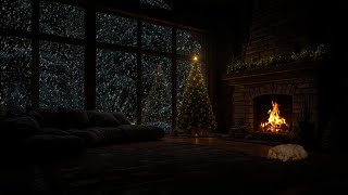🐶 Quiet Winter Night by the Fireplace | Snowfall, Christmas Tree & Sleeping Dog Ambience