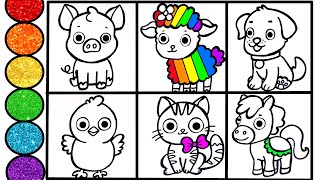 Learn How to draw Farm Baby Animals- Cat Puppy Sheep Pony and others- Glitter painting for kids