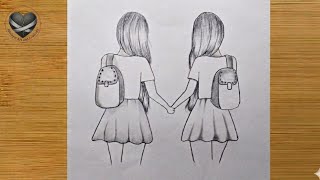 Best Friends Drawing Step by Step 👭 | Easy Two School Girls Holding Hands Sketch