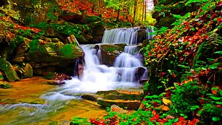 4k Relaxing Mountain Waterfall and Rocks. Beautiful Calming Carpathian Turquoise River and Waterfall