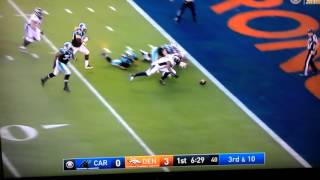 First touchdown of Super Bowl 50 Cam Newton gets hit and fumbles!!