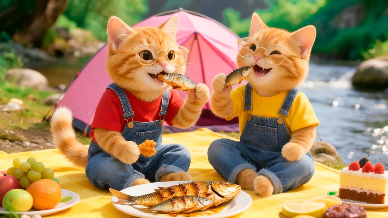 ジンジャー子猫とお母さん猫がいかだで旅行に出かける – 湖のほとりで
