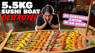 GIANT 5.5KG (12LBS) SUSHI BOAT EATING CHALLENGE! | $388  20 SERVINGS OF SUSHI ROLLS EATEN SOLO?!