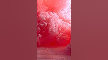 pink and red micro-particle cloud arch in a tiled corridor, subtle white blueprint linework traci...