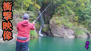 滝つぼに投げ込んだビッグベイトが泳ぎ始めた瞬間‼