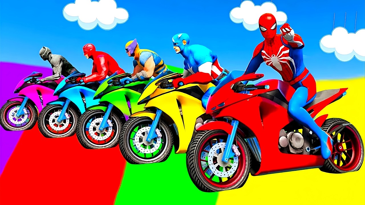 سبايدر مان اصعب دراجة نارية فوق اسماك القرش - Superheroes Ride on Motorcycle Stunt Funny Moments