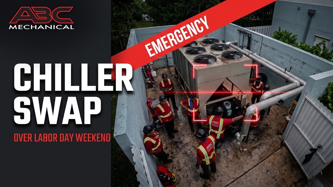 Still from ABC Mechanical's video of an emergency chiller replacement at a South Florida school over Labor Day weekend.