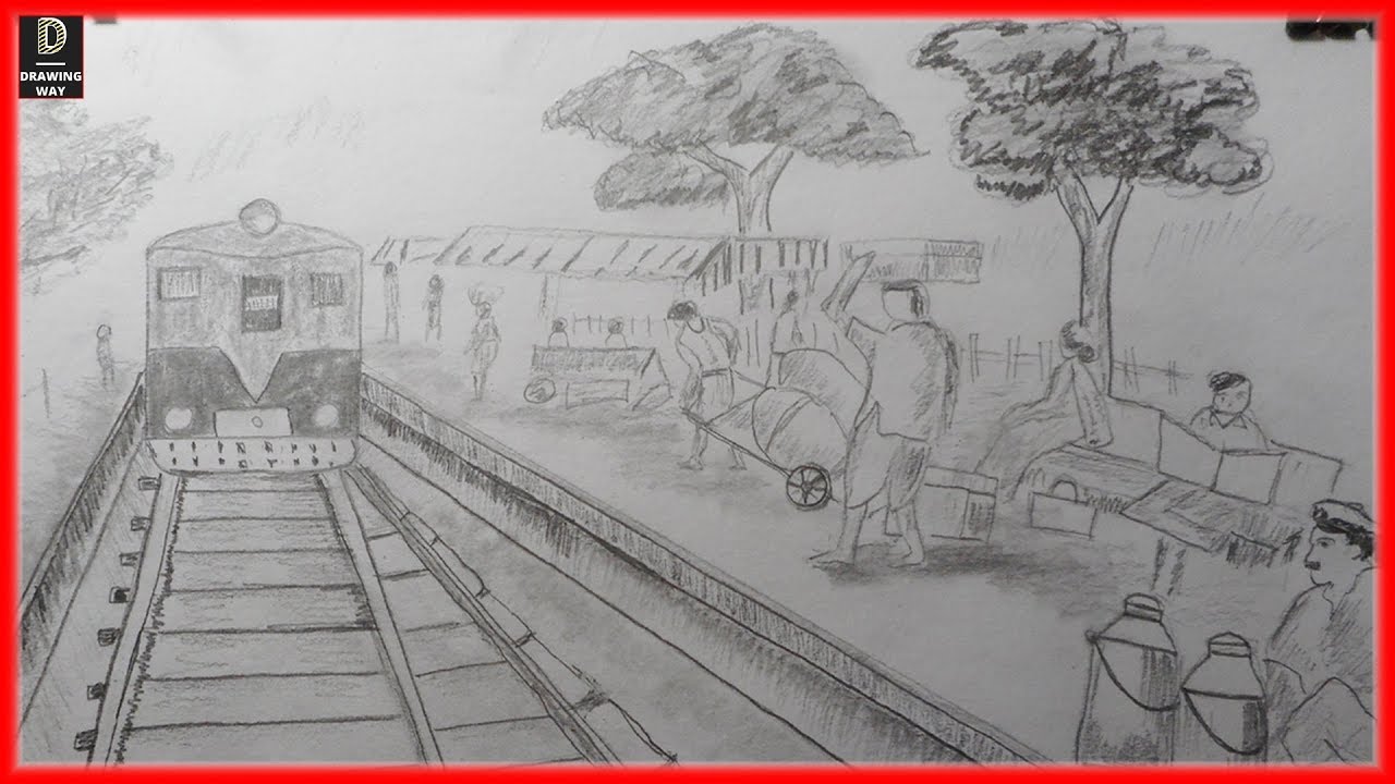 How to draw train station sketch step by step YouTube