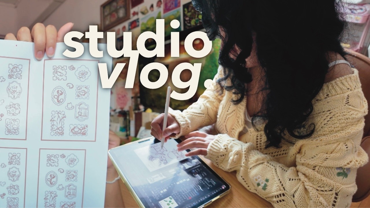studio vlog 🌼🌷 days in the studio | sticker sheet design | romantasy books 💌📚 ೃ࿔*:･