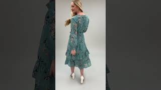 Yumi Green Botanical Bird Print Gypsy Dress