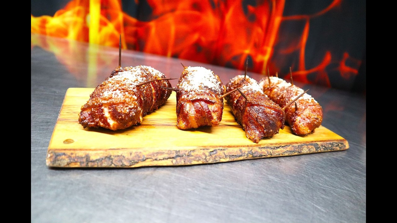 Bacon wrapped smoked stuffed pork chop