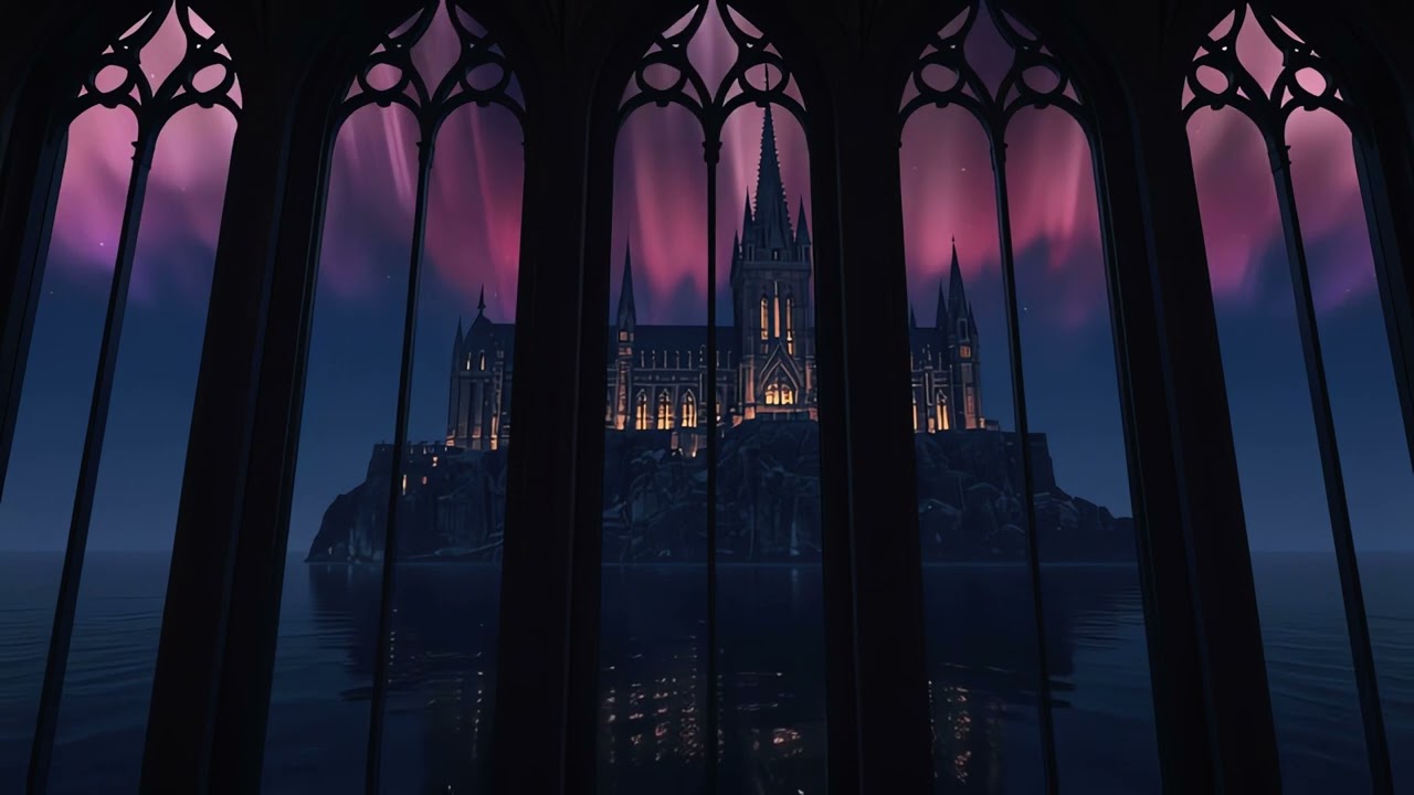 Gothic Castle Under Pink Aurora | 55 BPM Night Piano 🌌
