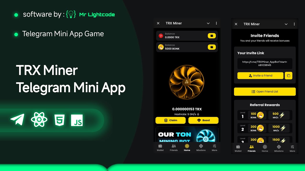 Build TRX Mining Bot Telegram Mini App Clone Using React JS