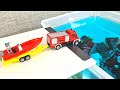 Diecast Cars And Trucks Sliding Into The Blue Water