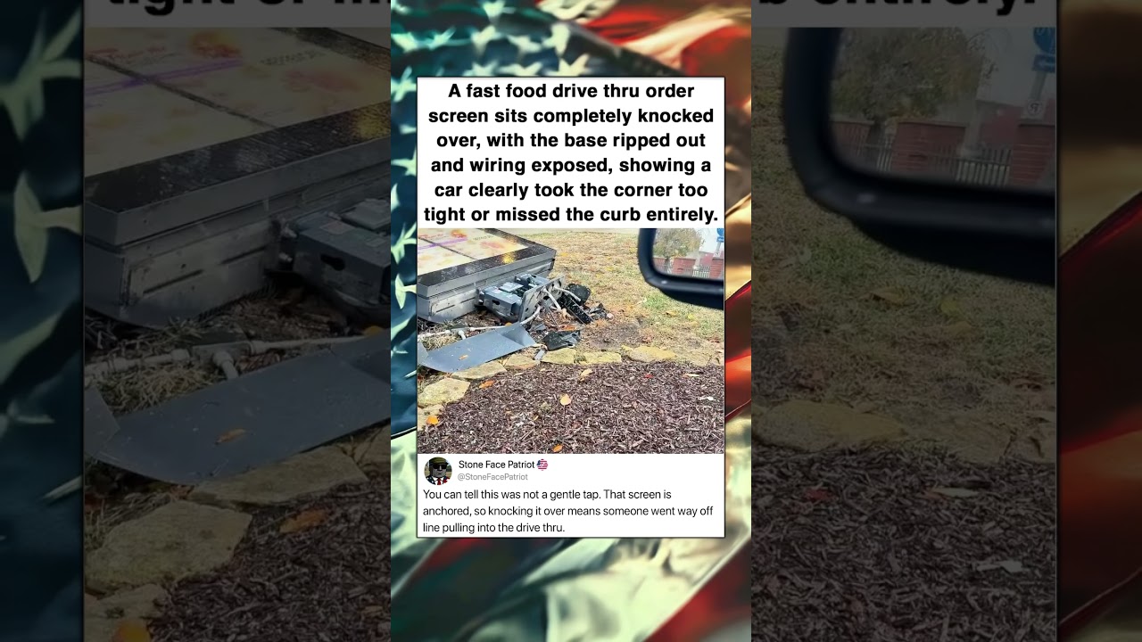 Экран для оформления заказов в пункте быстрого питания полностью опрокинут, основание вырвано.