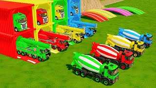 Garage with Colors - ALL MIXER TRUCK WITH DOUBLE FLATBED TRAILER TRUCK, SCANIA, TEREX, ELKON - FS22