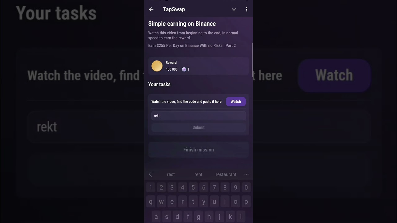 TapSwap CODE to video "Simple earning on Binance"