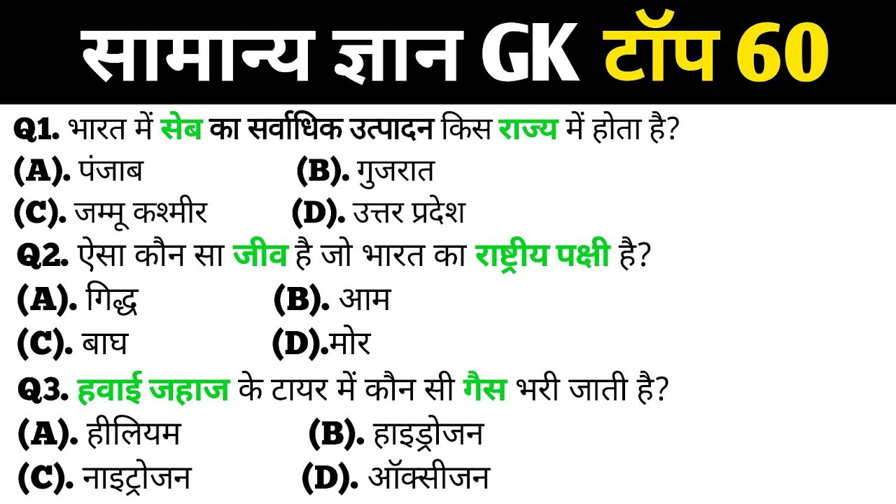 सामान्य ज्ञान | General Knowledge | Top 60 Gk GS questions | SSC GD, MTS, RPF, CRPF | GK quiz