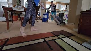 Hoover steam vac deluxe F5855 and RugDoctor X3 working together to clean dirty carpet.