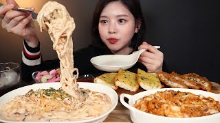 Thai SUB)สไปซี่ครีมพาสต้า ข้าวอบชีส มอกบัง (feat.ขนมปังกระเทียม,ทงคัตสึ) mukbang ASMR Eating Show