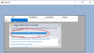 Solve error  dataType argument cannot be null when add cloumns in datagridview C#