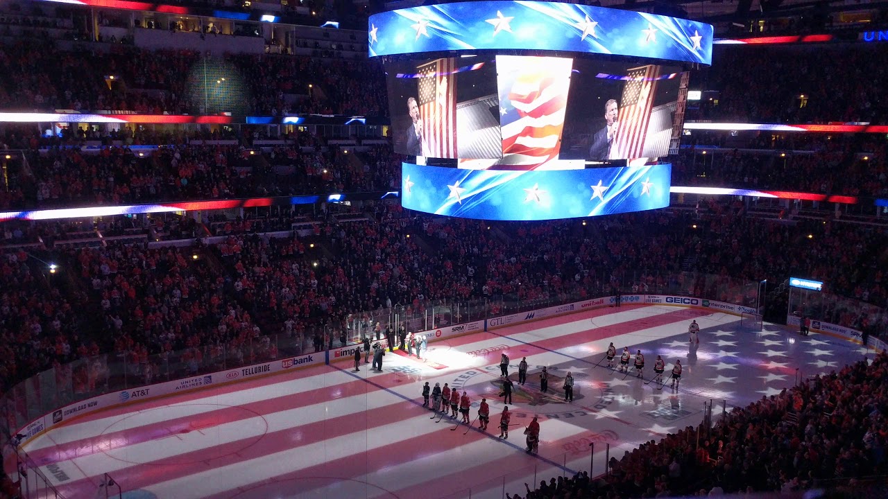 Chicago Blackhawks Jim Cornelison National Anthem at the United Center, Chicago, IL. USA