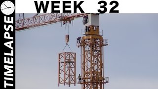 Tower crane #1 rises higher: Oneweek construction timelapse with many closeups: Ⓗ Week 32