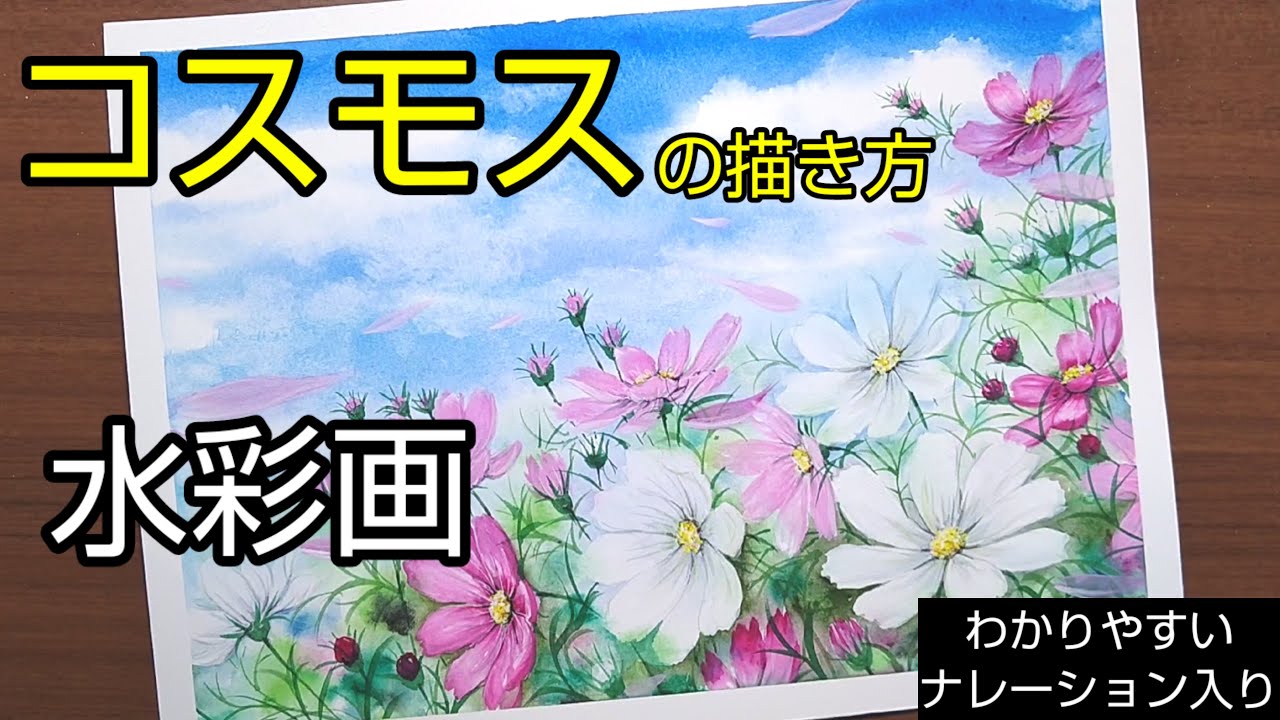 透明水彩画水彩画「コスモスの小径」額縁付F4サイズ原画