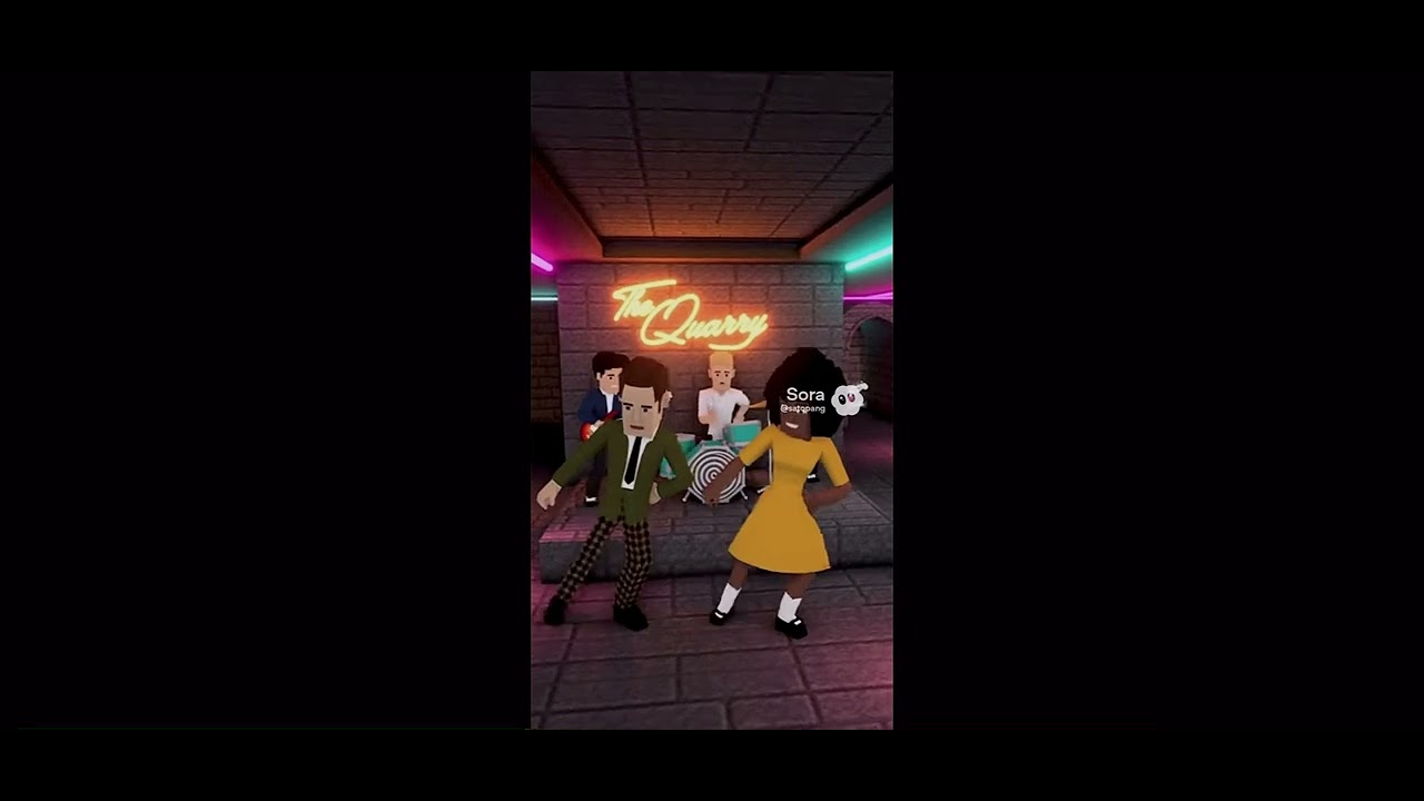 A rock band playing Liverpool Sound music in a small, deformed, voxel-style club