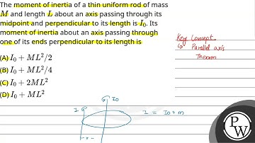 The moment of inertia of a thin uniform rod of mass \(M\) and length \(L\) about an axis passing....