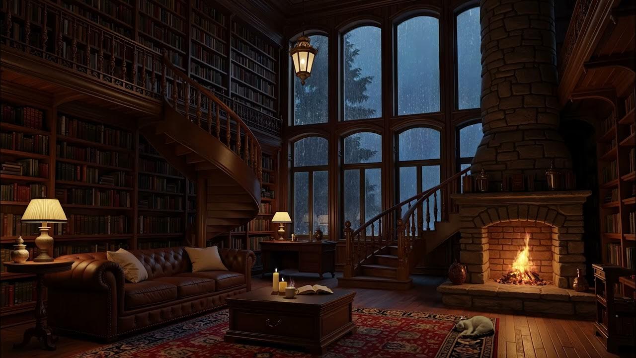 Cozy Bookstore Ambience with Muffled Jazz Music Rain Sounds and Crackling Fireplace