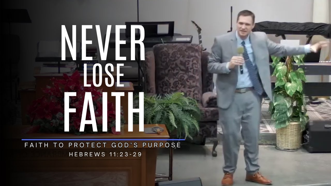 Pastor Chris Buscher preaching from Hebrews 11:23–29 about Moses, his parents, courageous faith, and protecting God’s purpose.