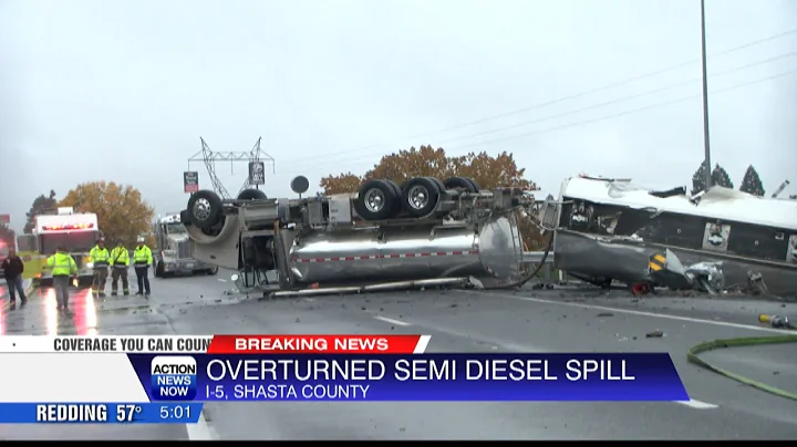 Northbound Interstate 5 in Anderson shut down after big rig pulling tankers overturns, spills diesel