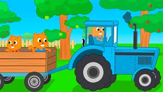 Cats Family in English - Blue Tractor With Trailer Cartoon for Kids