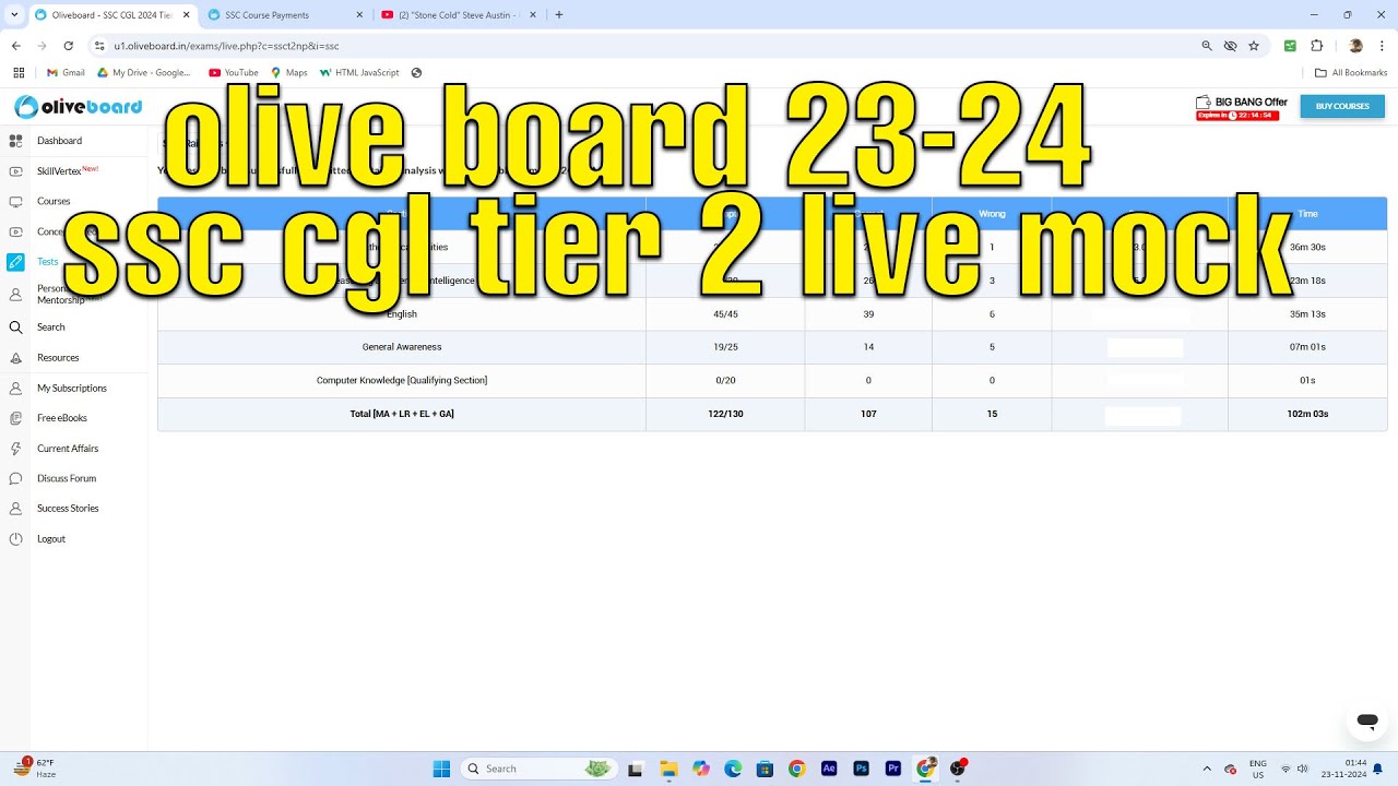 oliveboard ssc cgl tier 2 23-24 november live test marks - YouTube