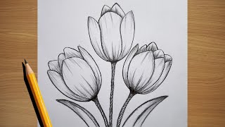 🌷 Easy Tulip Drawing | Beautiful Flower Sketch for Beginners (Step by Step) | flower drawing