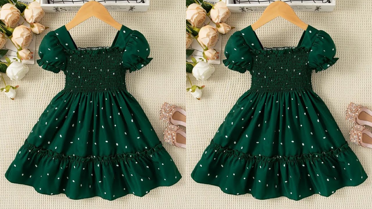 Elastic yoke puff sleeves baby frock cutting and stitching| Shirred waist baby frock| Dress design
