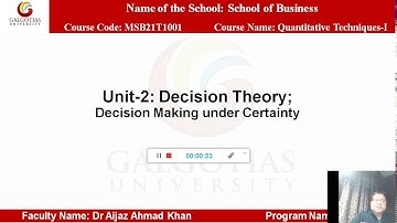 Quantitative Techniques I Lecture 13 Decision theory; under certainty