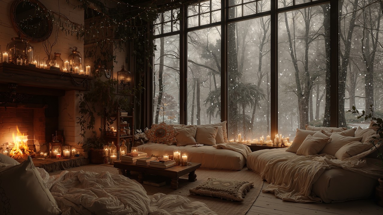 Midnight Snowfall at a Cozy Cabin ⛄ Gentle Piano & Fireplace Sounds for Relaxation & Deep Rest